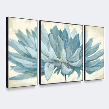 天画简约有框客厅装饰画卧室油画挂画三联画蓝色花卉 白色框 160X80cm(套画价出售)