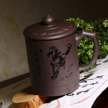 三折宜兴紫砂杯/正品全手工/大茶杯/茶具 盖杯紫泥 马上如意450cc《货到付款》