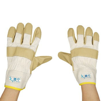 路宁 半指头层牛皮+牛仔布短袖海员手套 电焊手套 100付