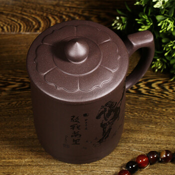 三折宜兴紫砂杯/正品全手工/大茶杯/茶具 盖杯紫泥 马上如意450cc《货到付款》