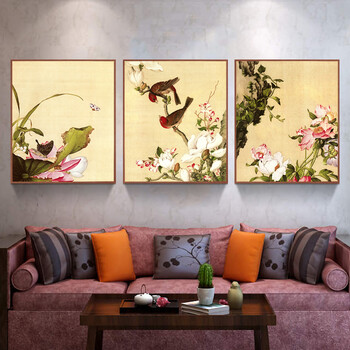 
                                        格丽客厅装饰画中式有框画 郎世宁花鸟画 客厅背景画玄关壁画餐厅挂画新中式别墅喷绘画墙画 花鸟系列一组合 50*70cm                
