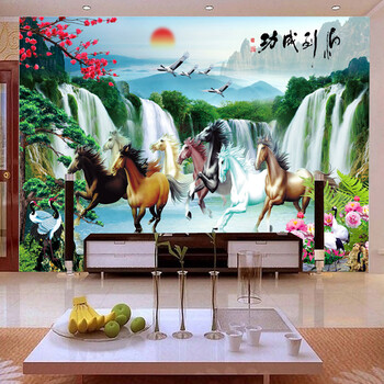 
                                        K-S十字绣客厅新款大幅八骏图马到成功八马图风景山水画精准印花szx满绣 3股绣11CT棉线印花 绣布尺寸190X120cm                