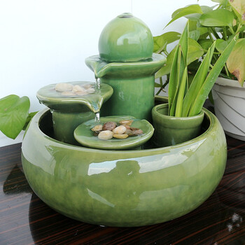 陶瓷流水喷泉工艺品 现代简约玄关家居装饰开业水景流水创意摆件 步步高升 大号绿色