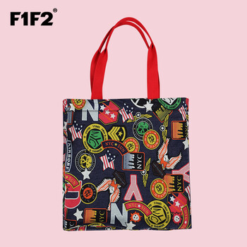 F1F2简约休闲女士帆布包单肩包 时尚环保购物袋牛仔帆布袋手袋 花花世界