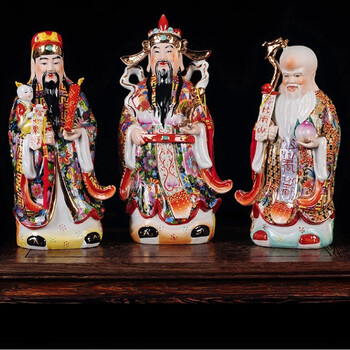 景德镇陶瓷器雕塑瓷福禄寿三星摆件 神佛像佛教用品喜财神摆设 大号