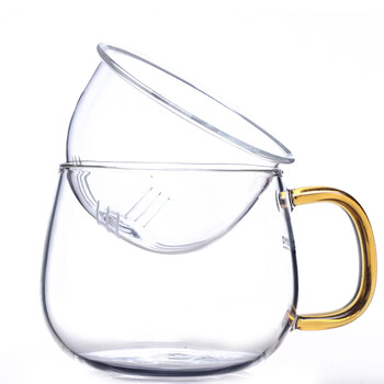 品茶忆友 二代圆趣杯 耐热玻璃杯花茶杯p-03保温办公杯过滤泡茶杯 三件杯玻璃茶杯 平盖黄把圆趣