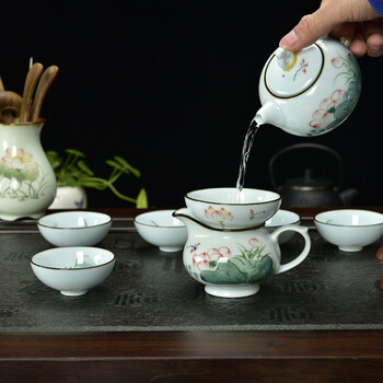 
                                        肖字和德 黑檀木乌金石茶盘茶具套装四合一 花梨实木茶盘 汝窑/冰裂/紫砂/粗陶茶具套装 黑檀万福手绘荷韵4合1                