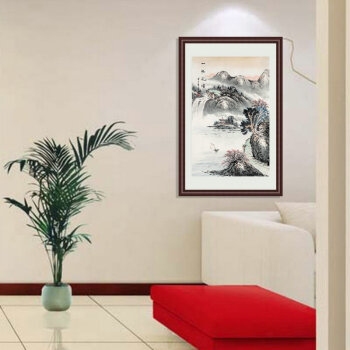 苏雅国画山水画客厅办公室玄关挂画一帆风顺 红褐色实木框配有机玻璃 65x95厘米