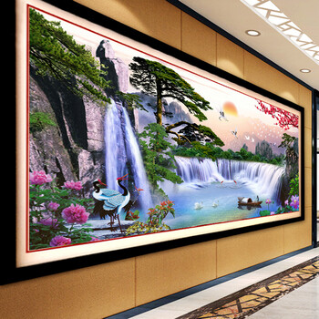 
                                        K-S十字绣成品迎客松流水生财新款客厅大幅风景画机绣成品不带框 成品绣布尺寸190*80不带框                