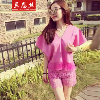 兰恩丝 2015夏季新款时尚韩版女装气质性感夜店流苏上衣+蕾丝短裤休闲套装3171 粉红色 均码