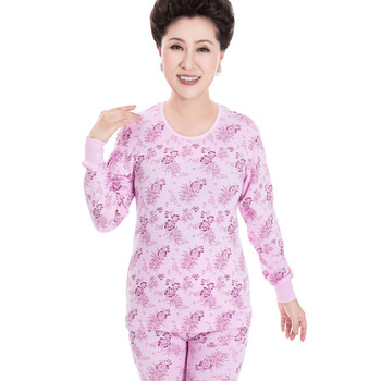 秋衣秋裤女纯棉妈妈薄款保暖内衣中高领大码老人棉毛衫套装 粉-花-圆
