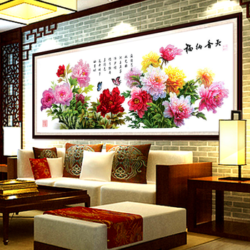梦雅莉 印花十字绣天香纳福 十字绣牡丹花花开富贵图客厅风景2米图 9CT大格-四股绣-丝线款233*84cm