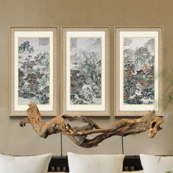 
                                        墙蛙 深山客厅装饰画山水画国画办公室挂画中式沙发背景墙画壁画 洪水发 ABC一套 素雅木纹画框 外框尺寸48cm*88cm                