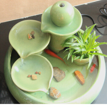 陶瓷流水喷泉工艺品 现代简约玄关家居装饰开业水景流水创意摆件 步步高升 大号绿色