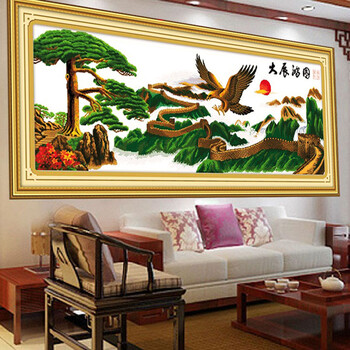 
                                        爱度ks 印花十字绣大展宏图迎客松万里长城老鹰雄鹰大幅客厅大幅画 马到成功150*50cm 客厅大画中格3股线绣                
