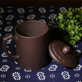 三折宜兴紫砂杯/正品全手工/大茶杯/茶具 盖杯紫泥 马上如意450cc《货到付款》