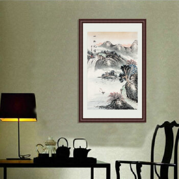 苏雅国画山水画客厅办公室玄关挂画一帆风顺 红褐色实木框配有机玻璃 65x95厘米