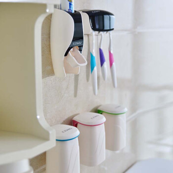 EZWIN牙刷架套装自动挤牙膏器情侣漱口杯刷牙杯创意牙膏架牙具架套装 黑+3杯