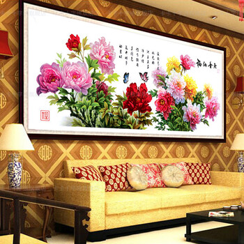 梦雅莉 印花十字绣天香纳福 十字绣牡丹花花开富贵图客厅风景2米图 9CT大格-四股绣-丝线款233*84cm
