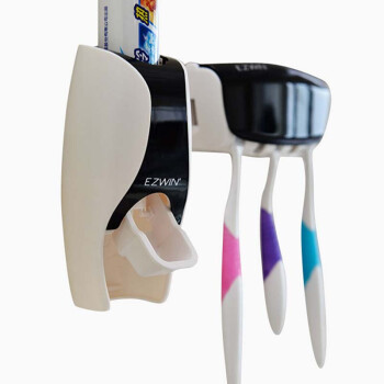 EZWIN牙刷架套装自动挤牙膏器情侣漱口杯刷牙杯创意牙膏架牙具架套装 黑+3杯