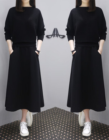 黑色m>snowtre连衣裙女装套装21年秋季新款针织衫毛衣两件套套装裙