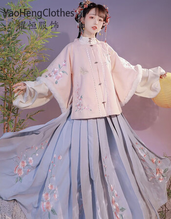晴雅记汉服明制方领秋冬加绒毛领刺绣三件套粉色整套m