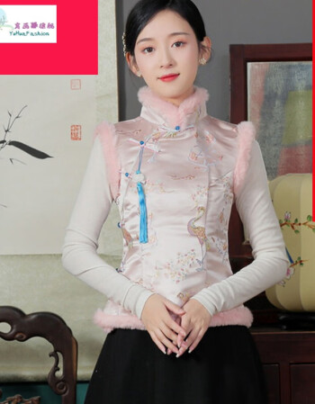 旗袍女装唐装马甲背心过年小袄秋冬中国风棉服汉服装粉色背心上衣m