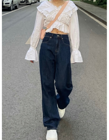 款复古深蓝高腰牛仔裤女港风休闲学生直筒阔腿裤春秋季拖地裤深蓝l