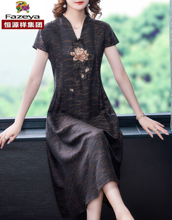 恒源祥彩羊重磅真丝高端真丝香云纱连衣裙女中长款修身气质桑蚕丝绣花