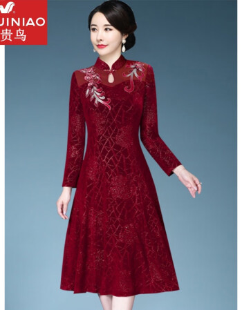 妈妈穿旗袍连衣裙洋气年轻高贵大码胖喜婆婆结婚宴礼服新品红色酒红色