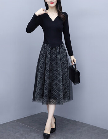 俞兆林女装设计感裙子2021秋季新款韩版长袖针织拼接网纱连衣裙设计感