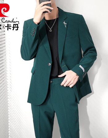 皮尔卡丹高端品牌男装秋冬韩国轻熟风墨绿色小西装男修身外套休闲西服