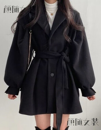 韩版chic秋冬宽松显瘦毛呢外套中长款小个子潮风衣女妮子大衣黑色m