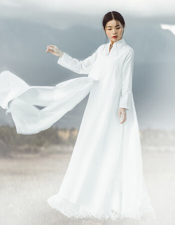 中式复古禅舞服禅服女盘扣茶服中国风茶艺服装双层棉麻连衣裙 白色 s