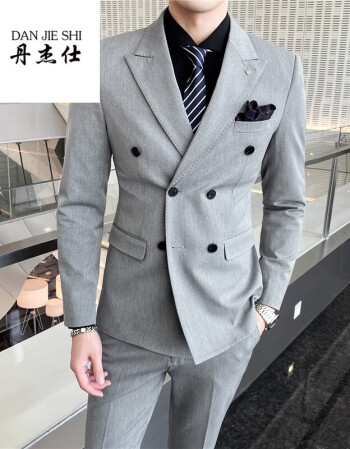 正装套装新郎伴郎结婚礼服宴会西装男 浅灰色三件套(西服 西裤 马甲)