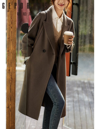 歌珀莱品牌女装中长款羊毛双面呢大衣2021冬季新款翻折袖韩版呢子外套