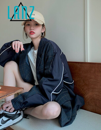 岚烨设计感格纹西服外套女秋季女装小众别致夹克拼接宽松休闲风西装潮