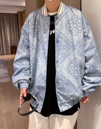 腰果花外套棒球服美式复古外套男春秋潮牌ins宽松百搭夹克蓝色s