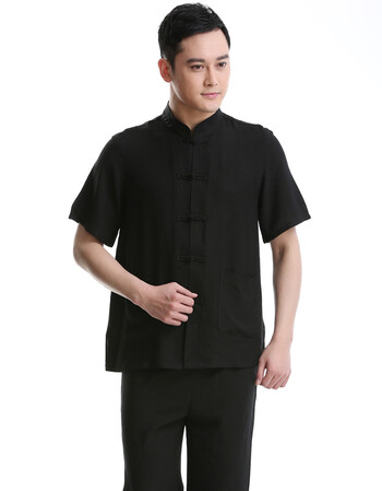 服棉麻亚麻武术服练功服禅修居士服休闲唐装上衣男款半袖男装 黑色一