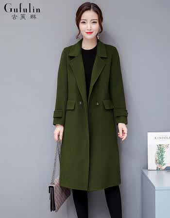 时尚韩版女装毛呢大衣女外套显瘦修身中长款长袖呢子大衣女 军绿色 大