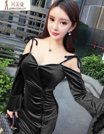 阿美曼 秋冬季夜店ktv抹胸性感连衣裙美女主播深v领低胸显身材吊带超