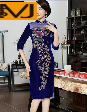 msj新品 秋冬高档手工钉珠长款钉珠旗袍婚礼妈妈装旗袍中老年旗袍秀
