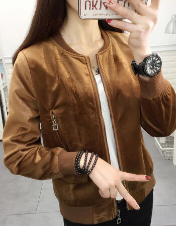 金丝绒短外套2018春装新款韩版长袖立领棒球服女修身百搭女夹克 棕色