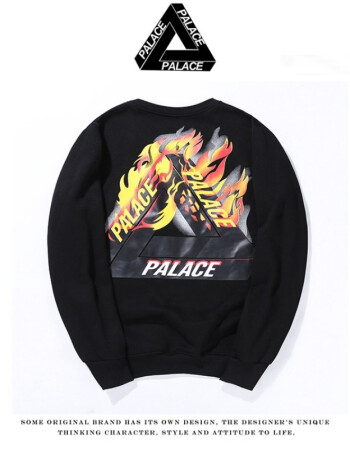 秋冬潮牌欧美palace 三角火焰男女情侣纯棉圆领加绒卫衣外套班服 黑色