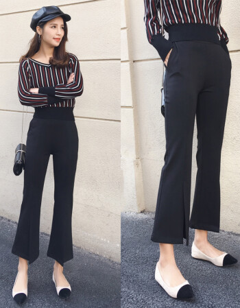 夏尔维纳前开叉喇叭裤女九分裤春夏2018新款裤子韩版高腰休闲裤显瘦