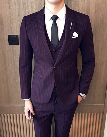 男条纹修身三件套商务职业正装青年伴郎新郎结婚礼服西装 紫色单西装