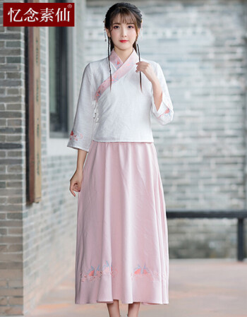 女古装改良唐装民国风女装交领传统绣花古典两件套 白色上衣 粉色裙子