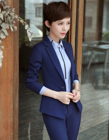 气质西服正装工作服女士西装套装韩版女潮秋冬 蓝色西装 衬衫 西裤