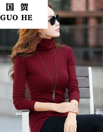 秋冬新款韩版纯色百搭加厚加绒保暖长袖上衣高领打底衫女 酒红色-薄款