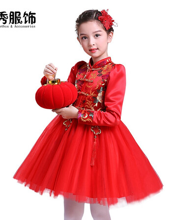唐装女童旗袍秋冬加绒儿童礼服公主裙宝宝拜年连衣裙中国风新年装